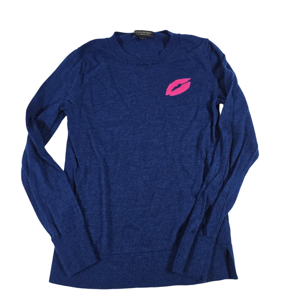 Banana Republic Womens XS‎ Blue 100% Merino Wool Lip Graphic Crewneck Sweater